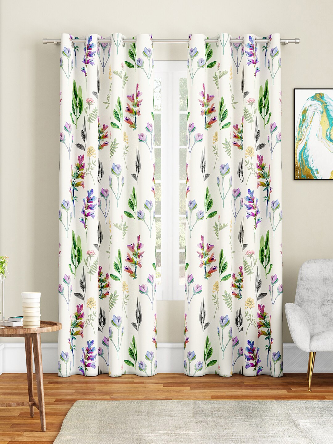 SEJ by Nisha Gupta White & Green Set of 2 Floral Long Door Curtain
