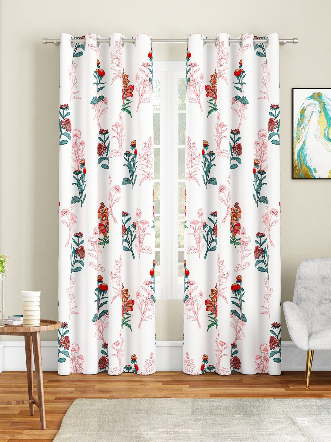 SEJ by Nisha Gupta White & Green Set of 2 Floral Door Curtain