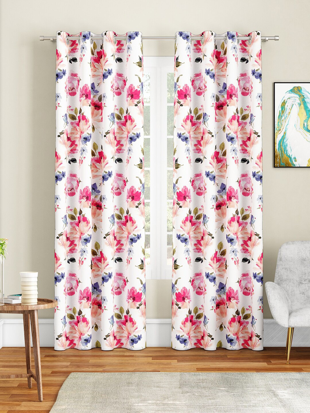 

SEJ by Nisha Gupta White & Pink Set of 2 Floral Long Door Curtain