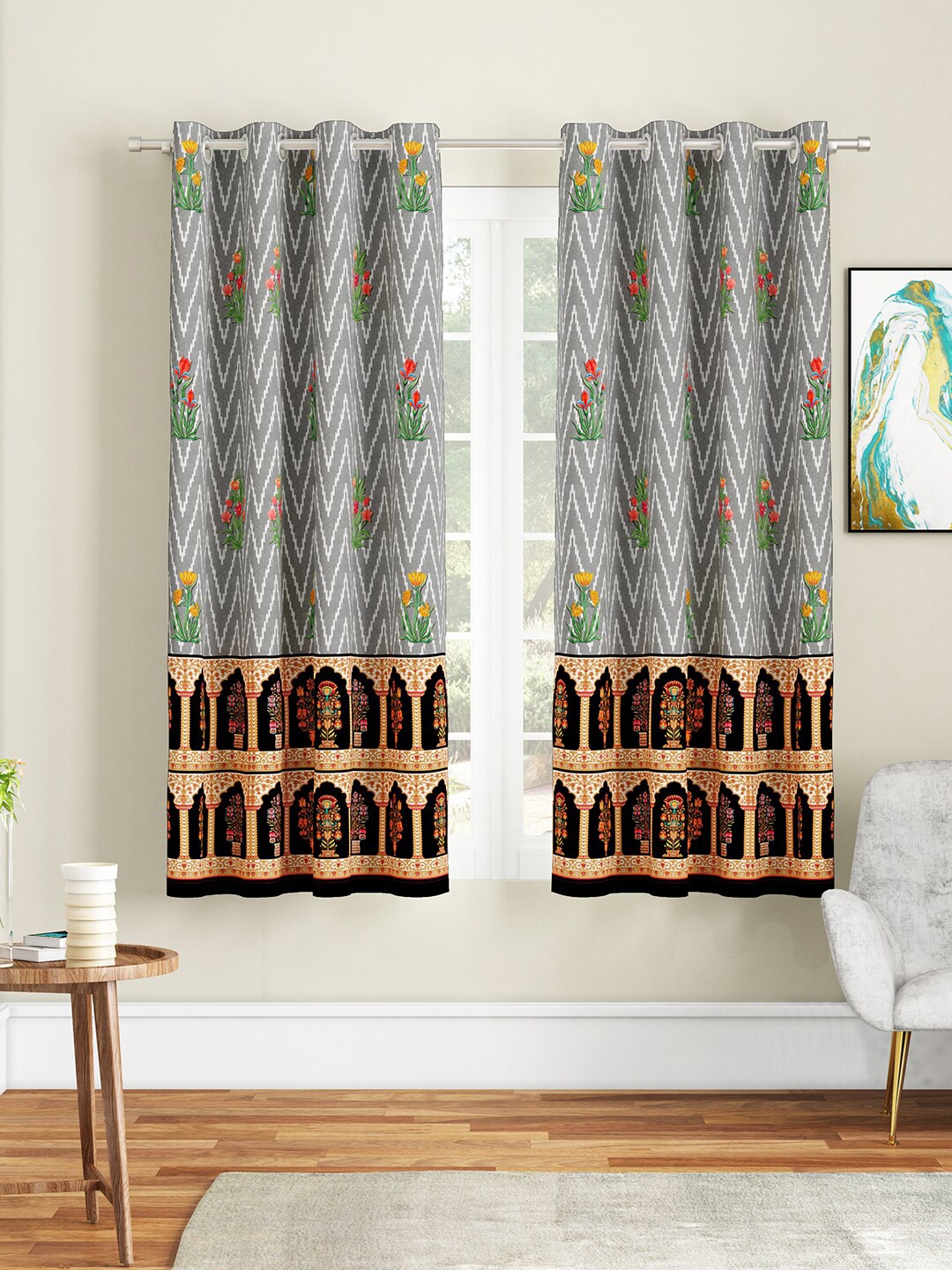 

SEJ by Nisha Gupta Grey & Green Set of 2 Window Curtain