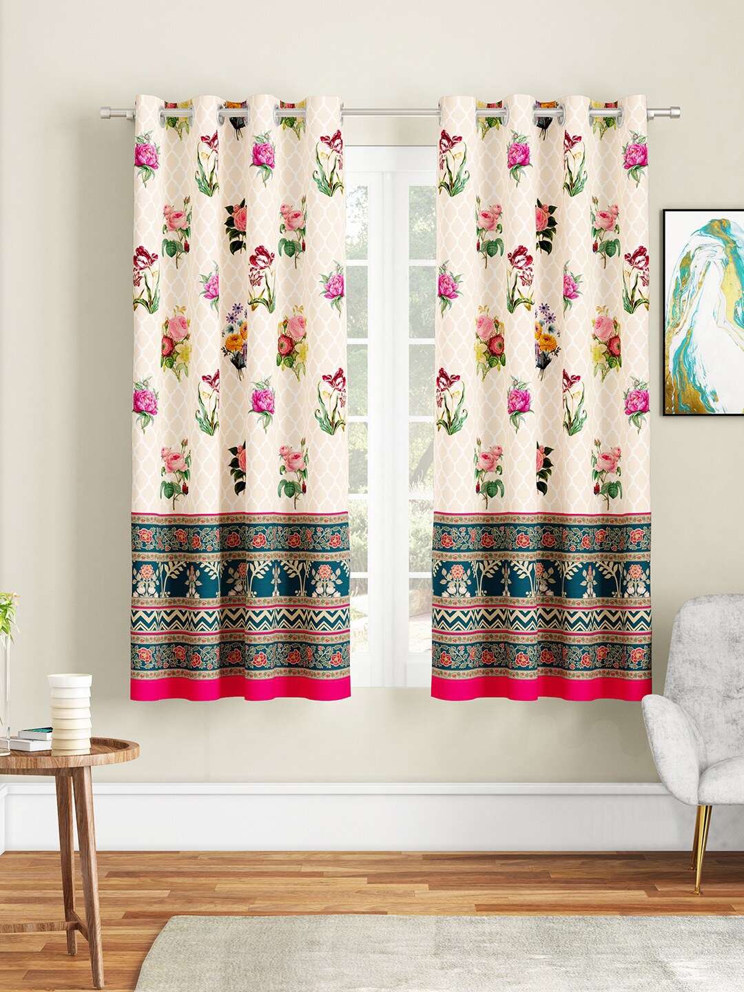 

SEJ by Nisha Gupta Cream-Coloured & Magenta Set of 2 Floral Window Curtain