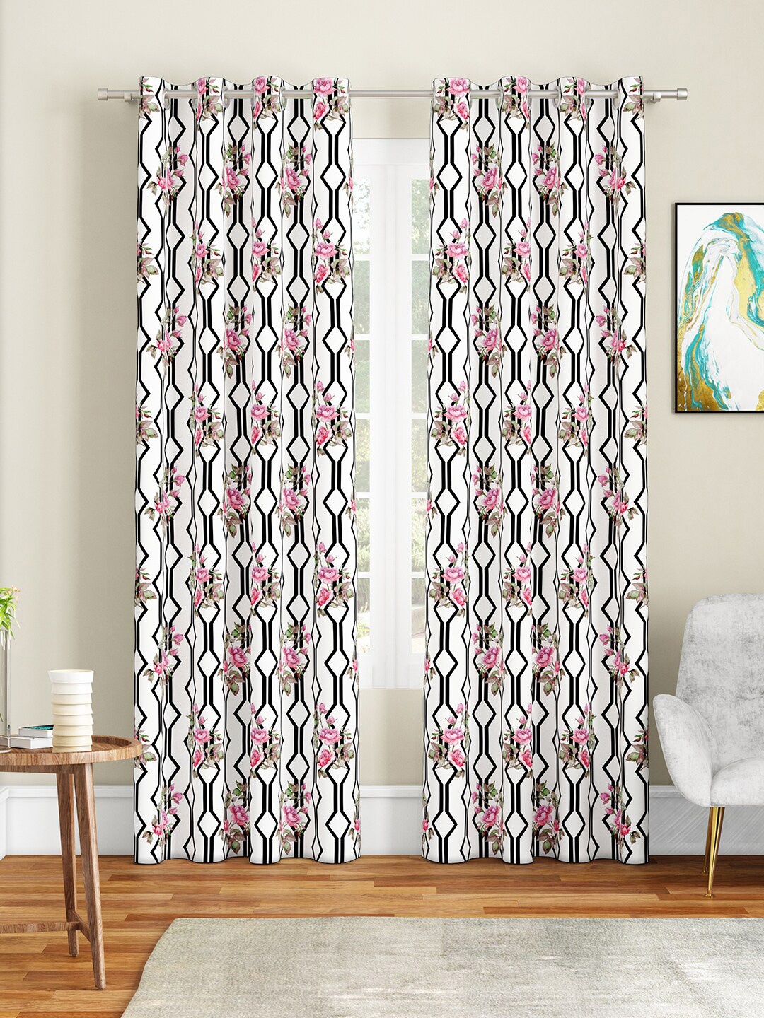 SEJ by Nisha Gupta White & Pink Set of 2 Floral Long Door Curtain