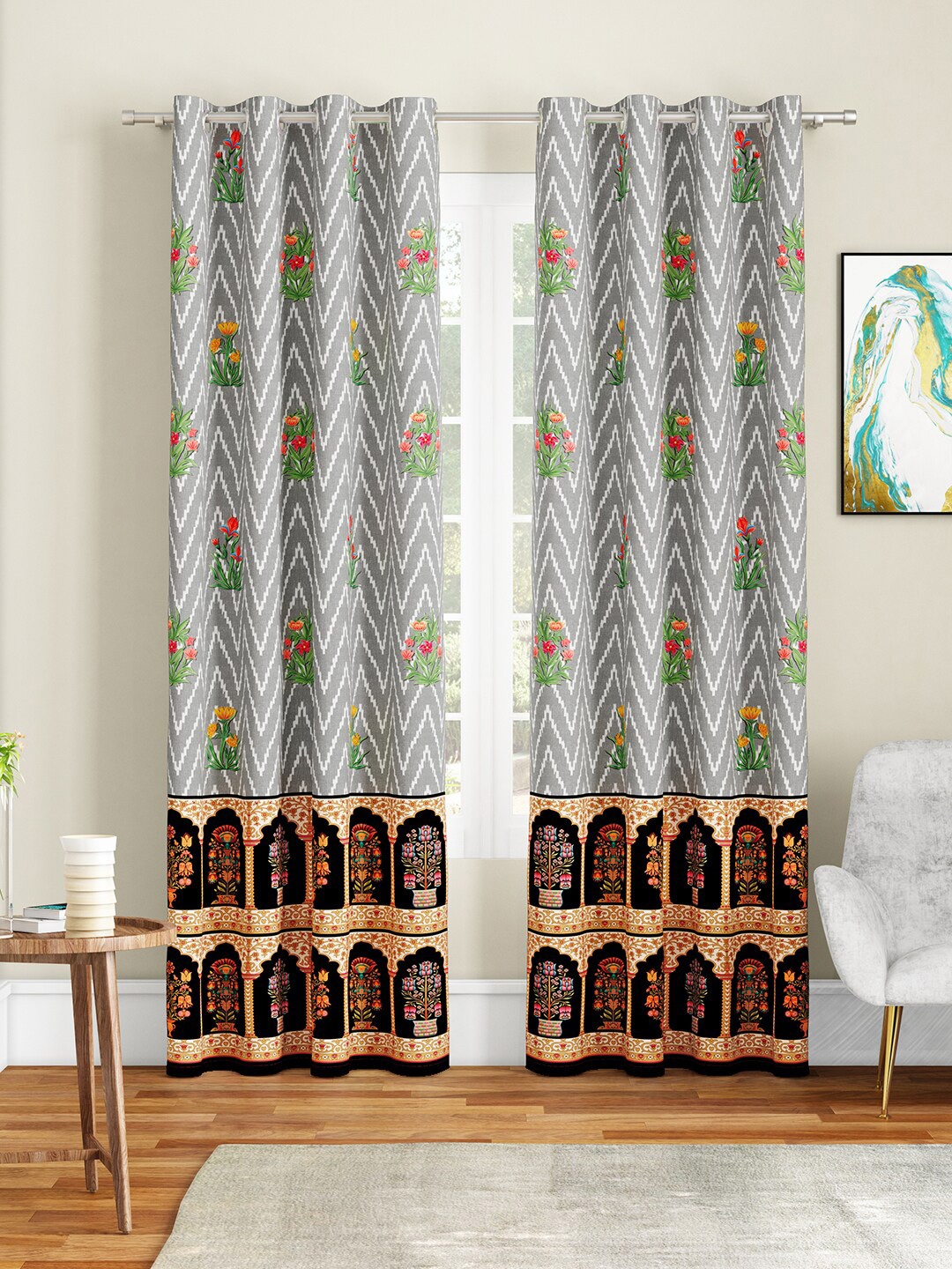 

SEJ by Nisha Gupta Grey & Green Set of 2 Door Curtain