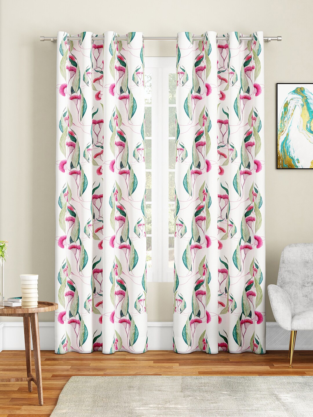 

SEJ by Nisha Gupta White & Pink Set of 2 Floral Long Door Curtain