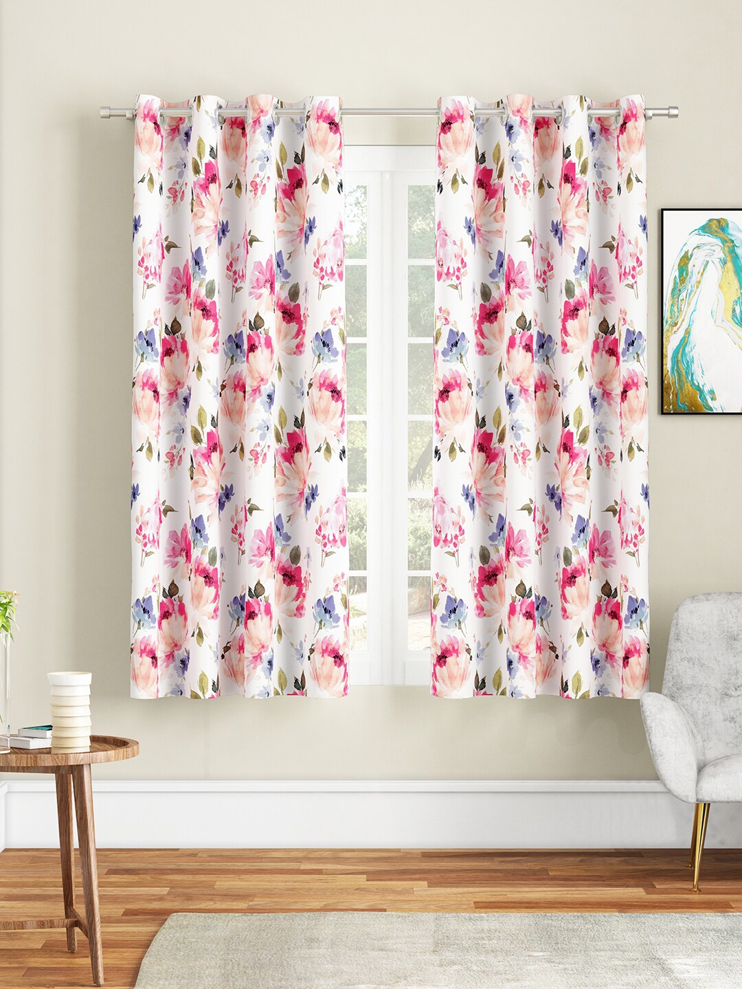 

SEJ by Nisha Gupta White & Red Set of 2 Floral Window Curtain