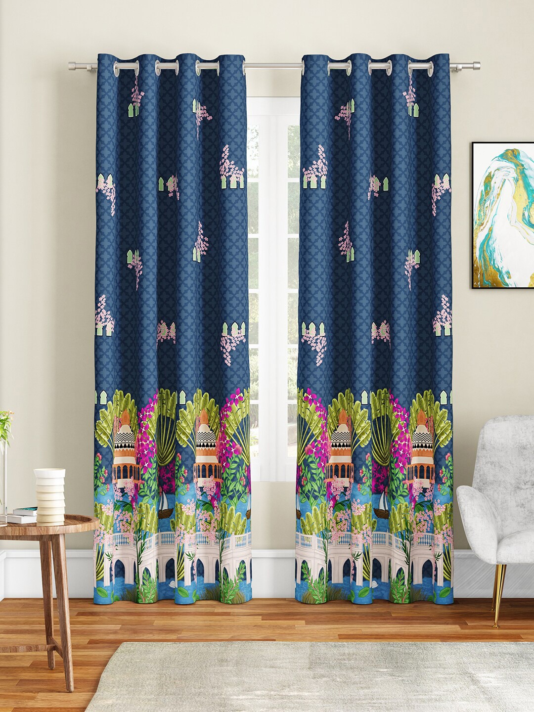 

SEJ by Nisha Gupta Blue & Pink Set of 2 Long Door Curtain