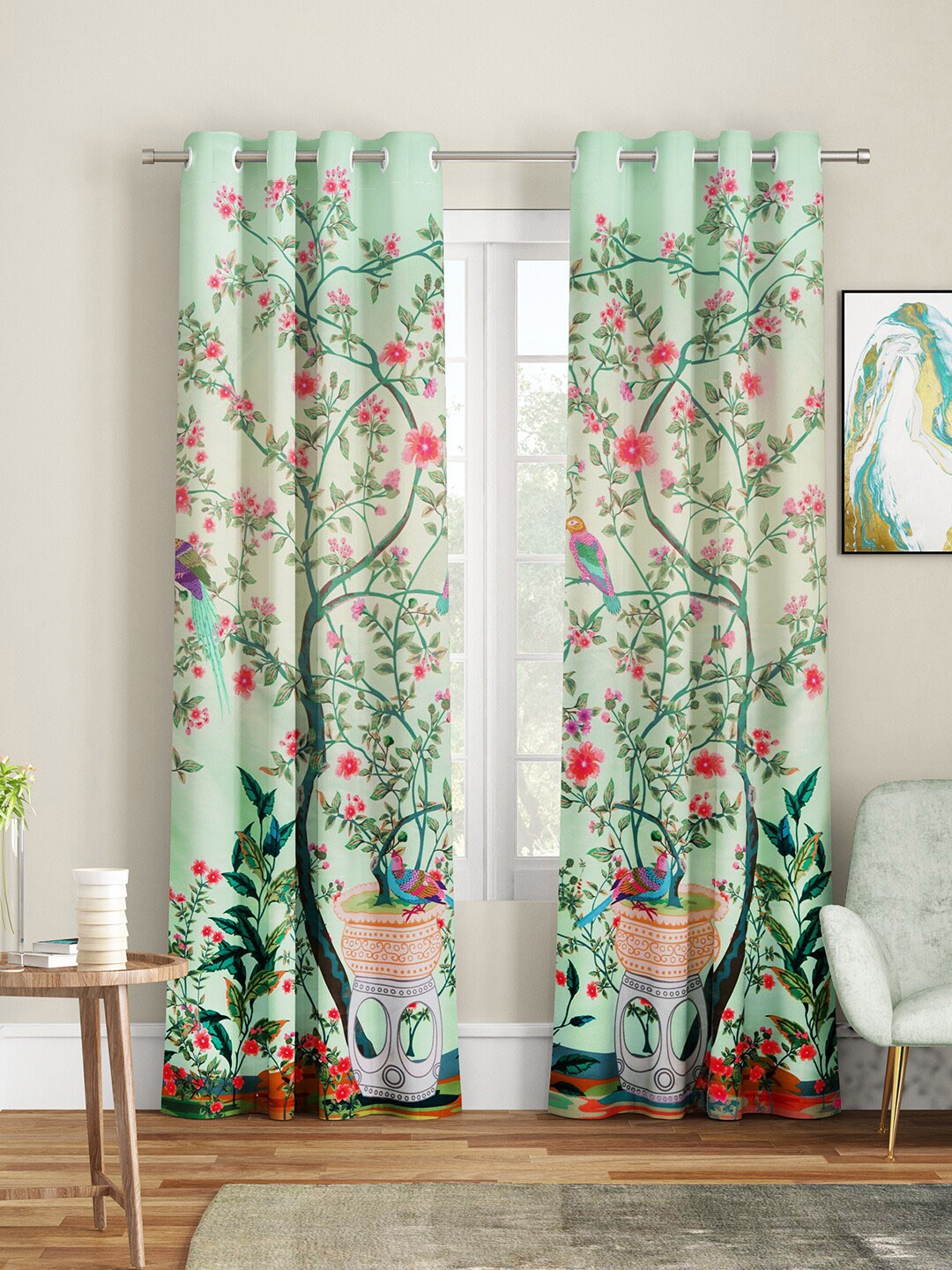

SEJ by Nisha Gupta Green & Red Set of 2 Floral Long Door Curtain