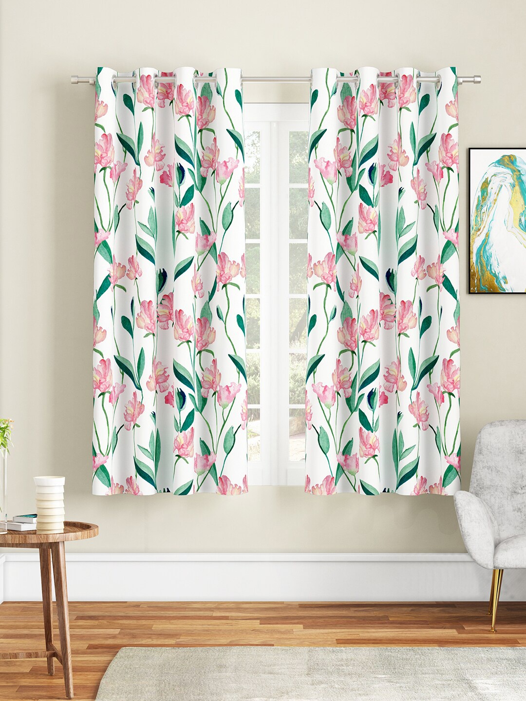 

SEJ by Nisha Gupta White & Green Set of 2 Floral Window Curtain