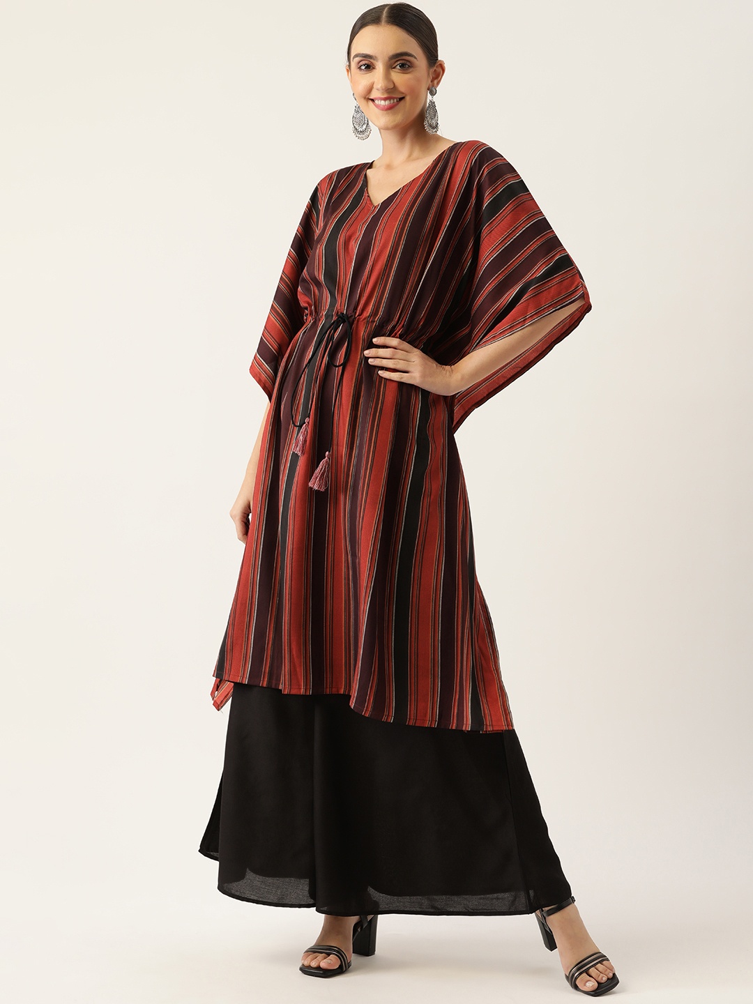 

InWeave Women Maroon Striped Pleated Kurta with Palazzos