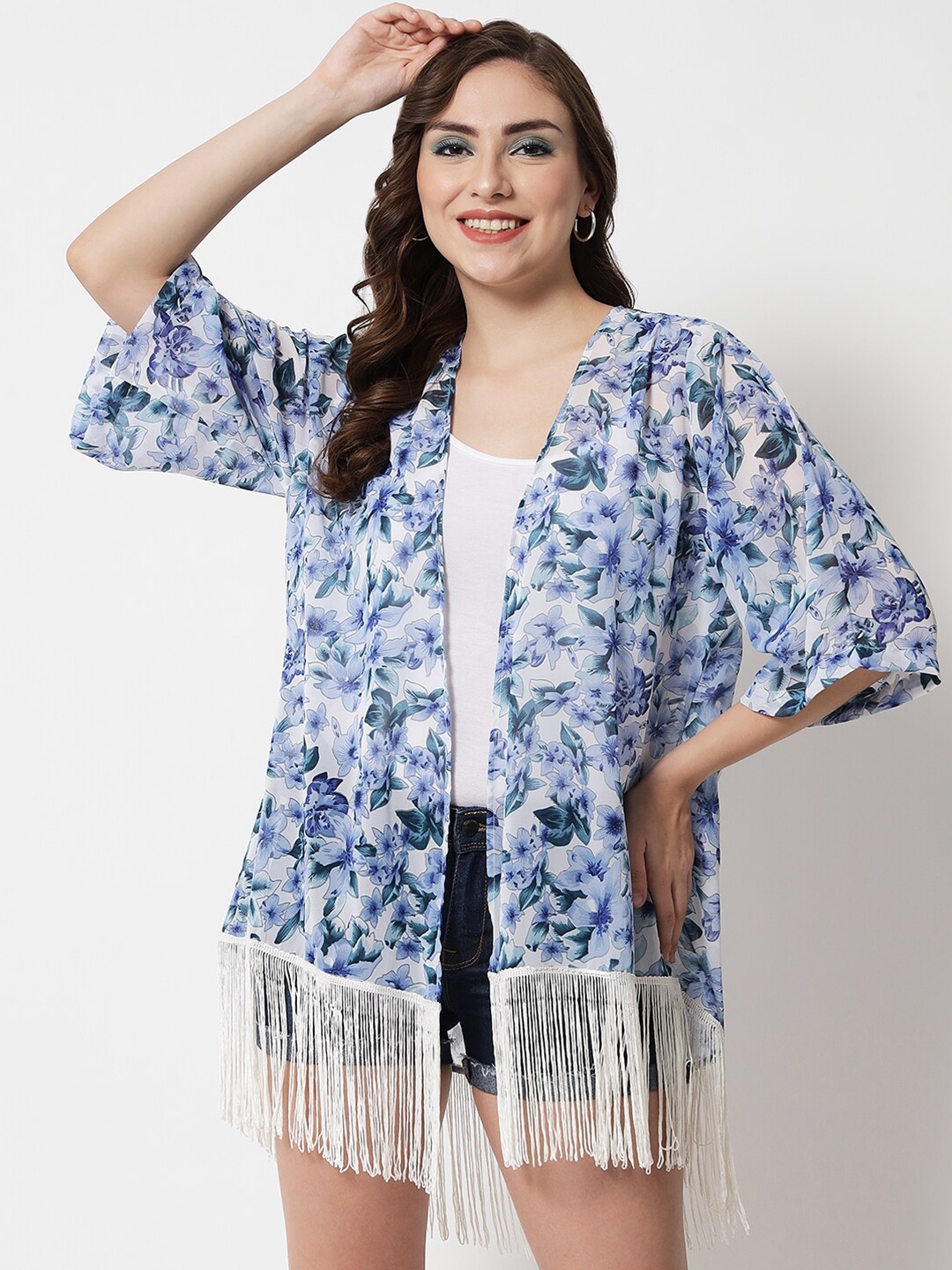 

PURYS Women Blue & White Printed Tasselled Shrug
