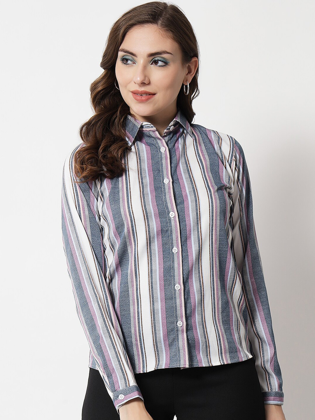 

PURYS Women White Smart Striped Semiformal Shirt