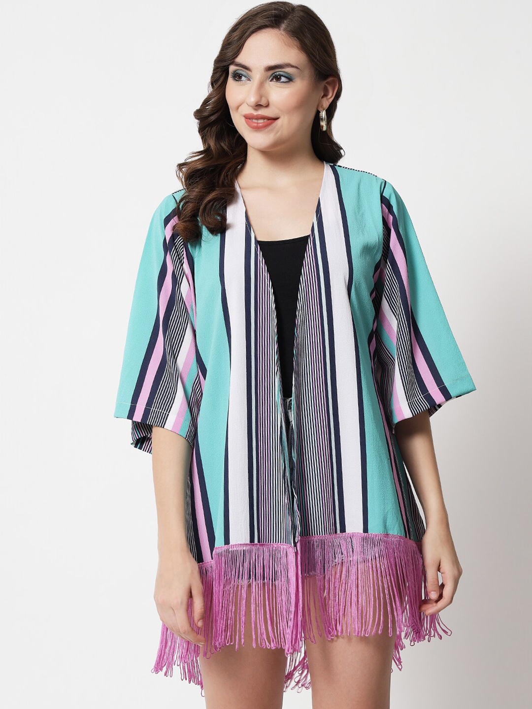 

PURYS Women Blue & Pink Striped Tasselled Shrug