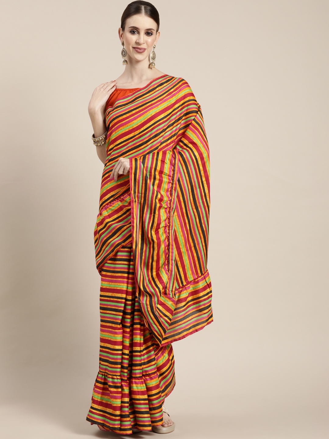 

InWeave Orange & Pink Striped Ruffle Saree