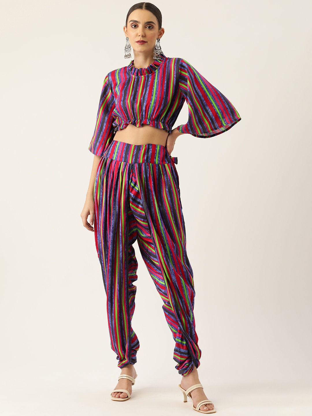 

InWeave Women Blue & Pink Striped Top with Dhoti Pants