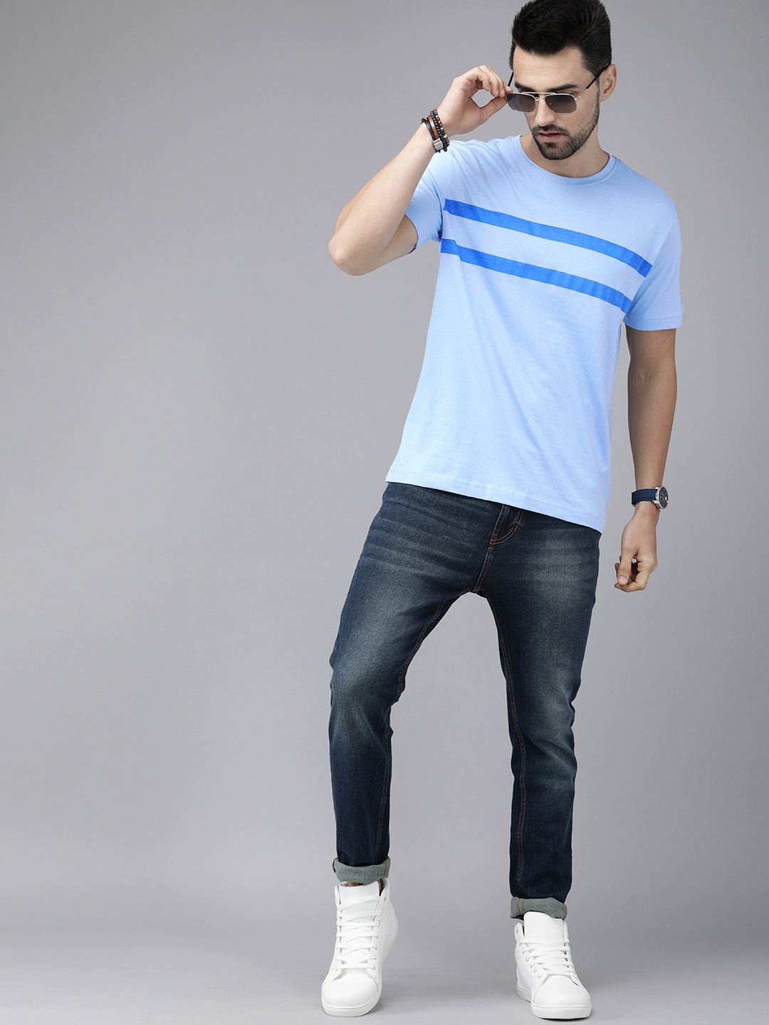 

Roadster Men Blue Striped Pure Cotton T-shirt