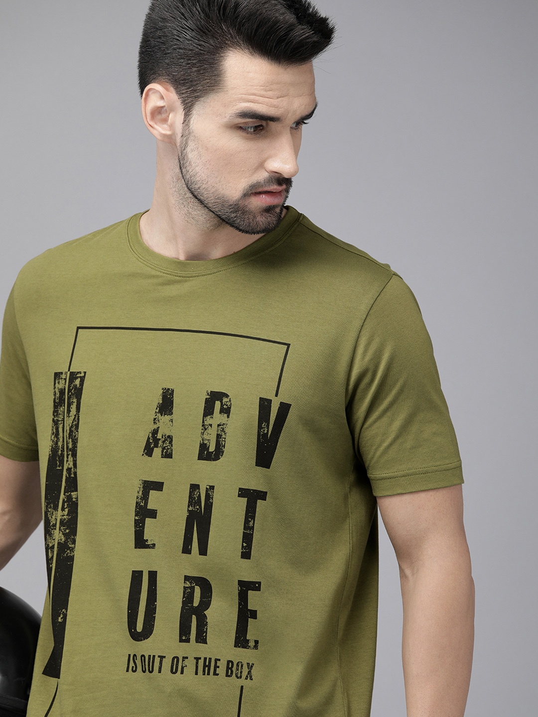 

Roadster Men Olive Green & Black Printed Pure Cotton T-shirt
