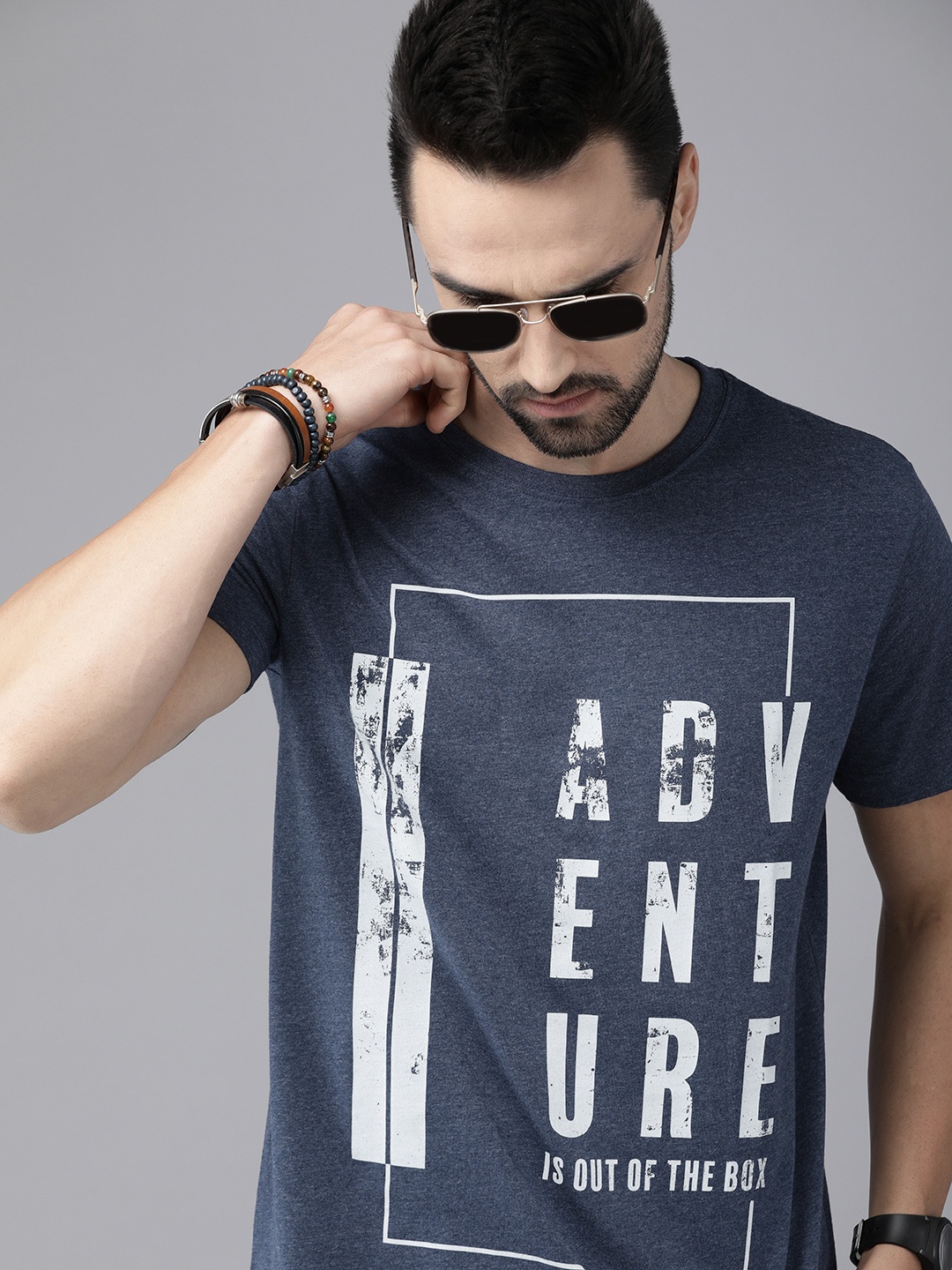 

Roadster Men Navy Blue & White Printed Pure Cotton T-shirt