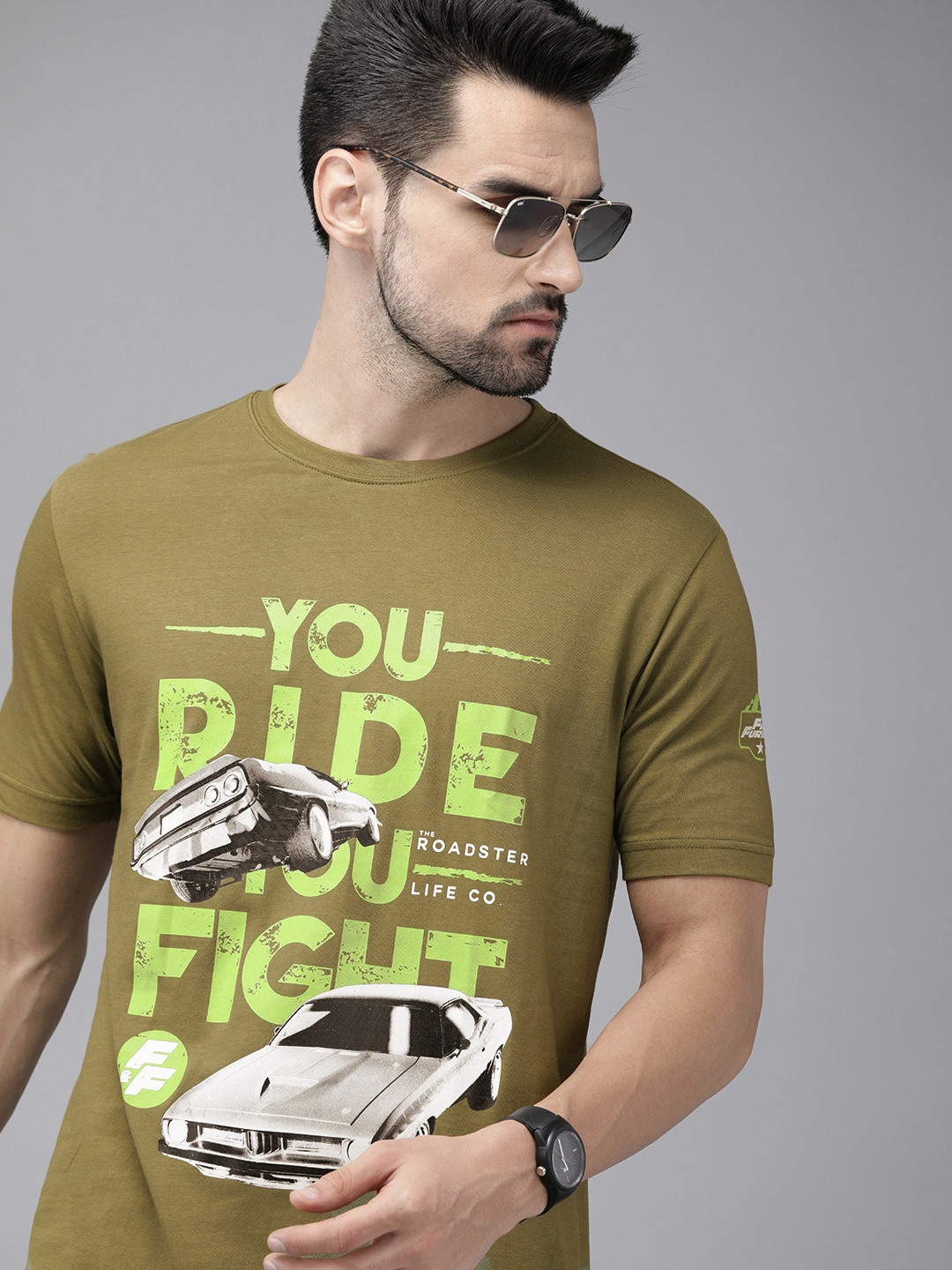 

Roadster X Fast & Furious Men Olive Green Printed Pure Cotton T-shirt