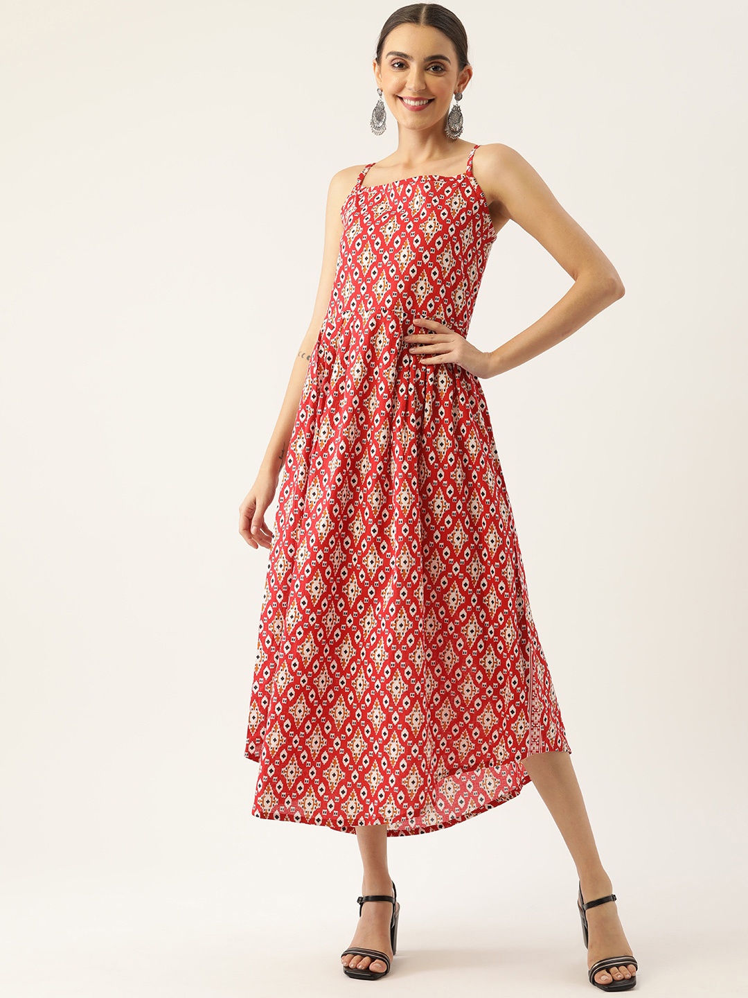 

InWeave Maroon & White Ethnic Motifs A-Line Midi Dress