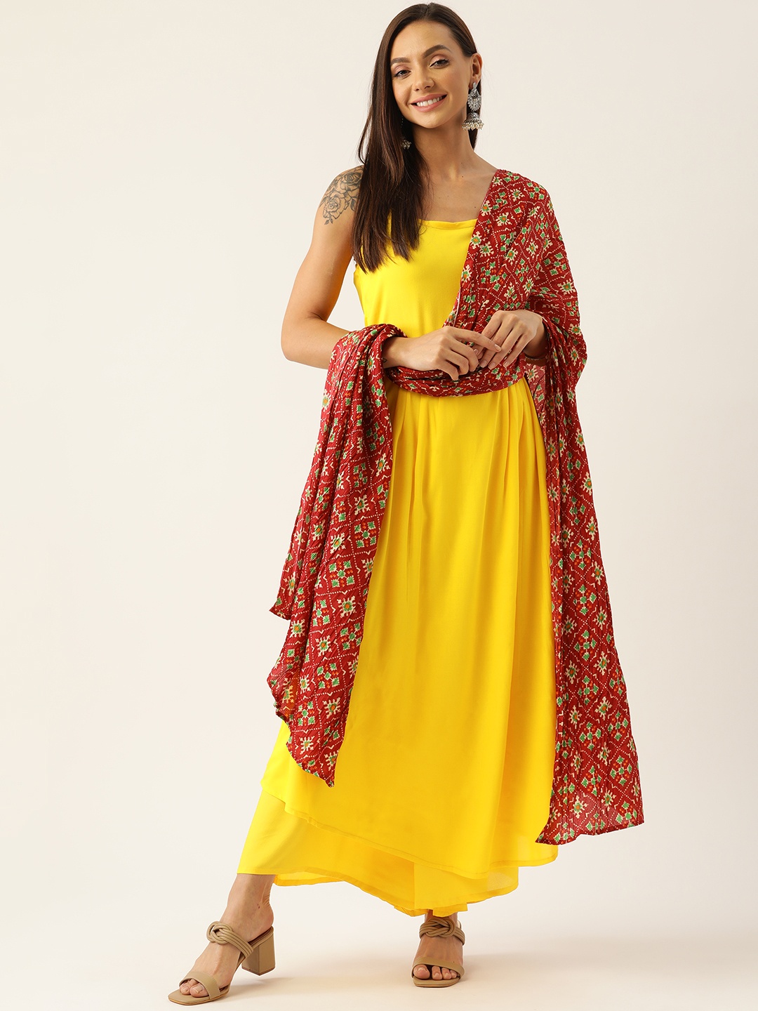 

InWeave Women Yellow Empire Kurta with Palazzos & With Dupatta