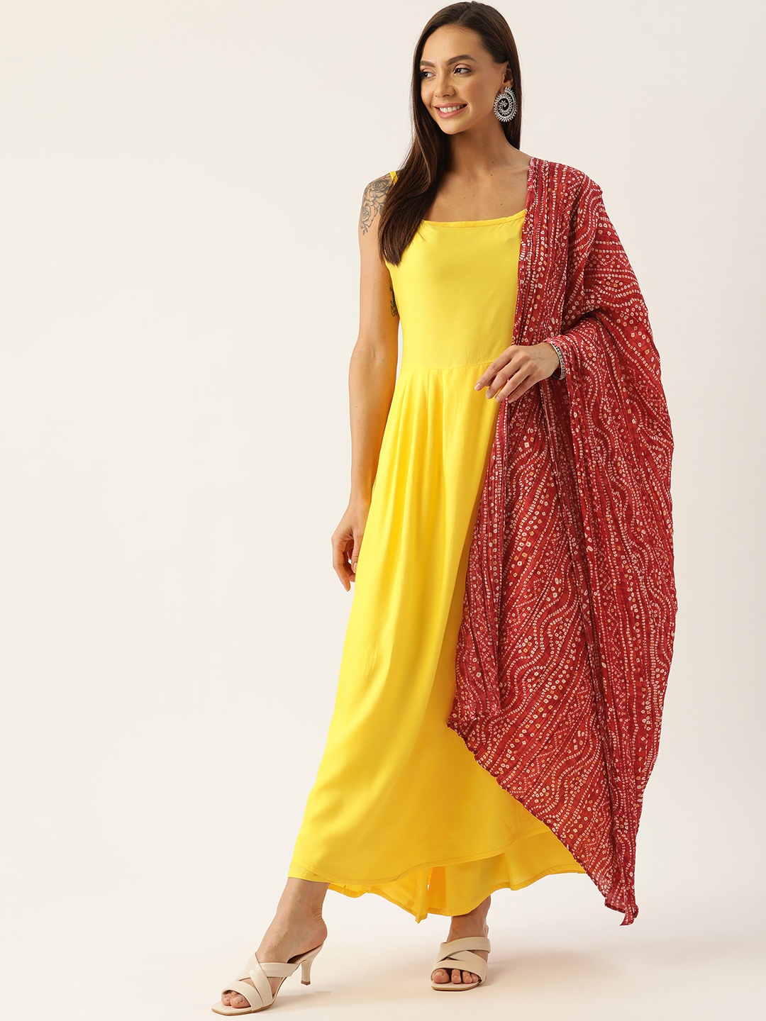 

InWeave Women Yellow Empire Kurta with Palazzos & With Dupatta