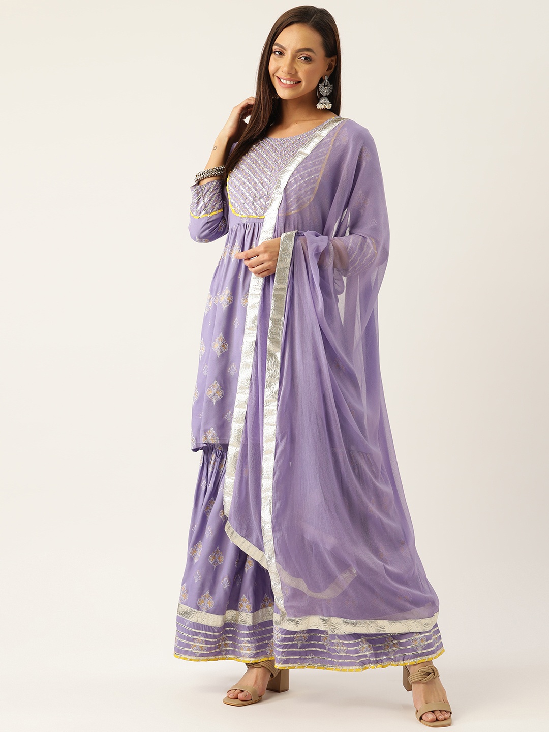 

InWeave Women Purple Ethnic Motifs Printed Empire Gotta Patti Kurta with Palazzos & With Dupatta