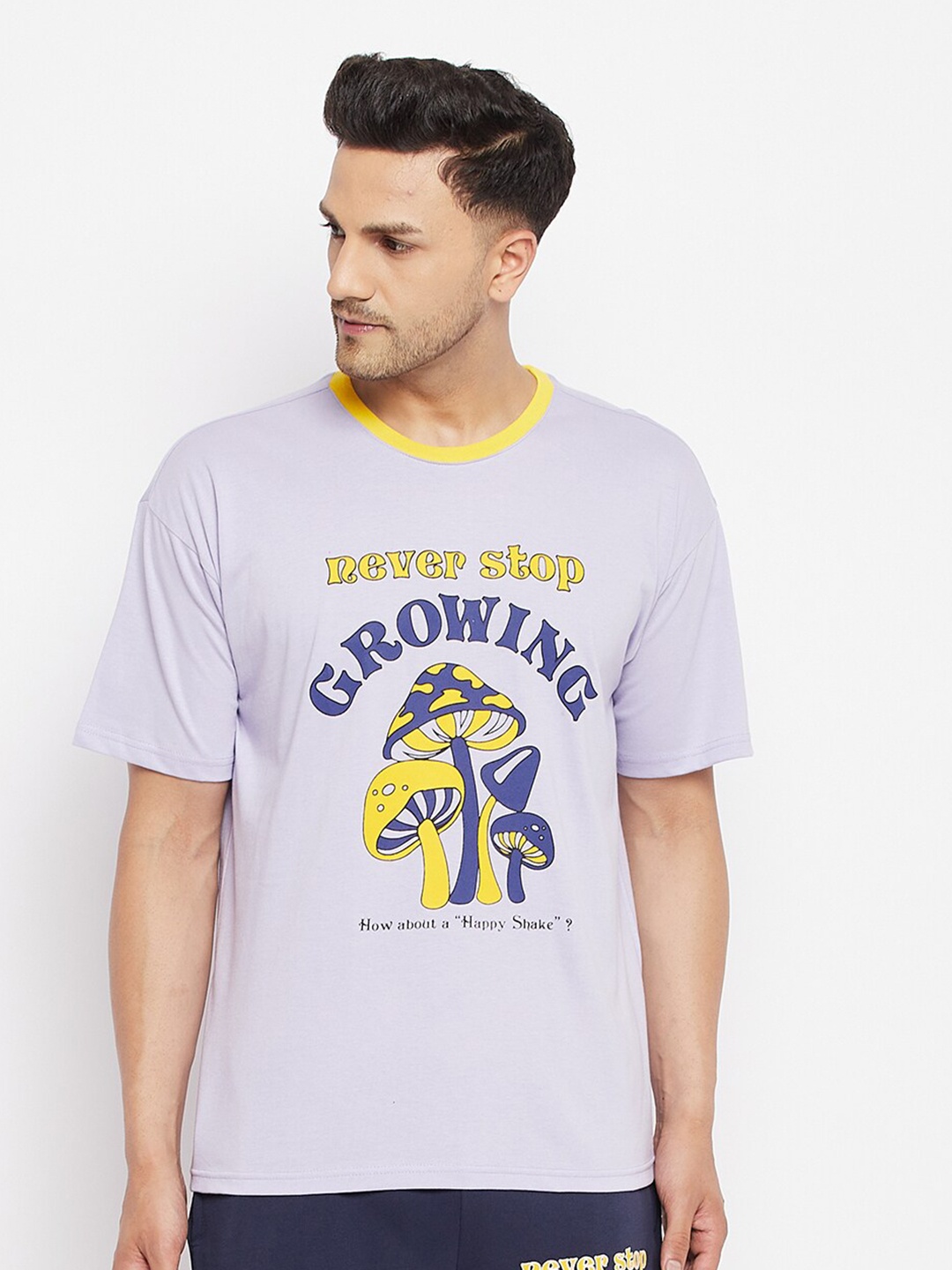 

FUGAZEE Men Lavender Typography Printed Applique Oversized T-shirt