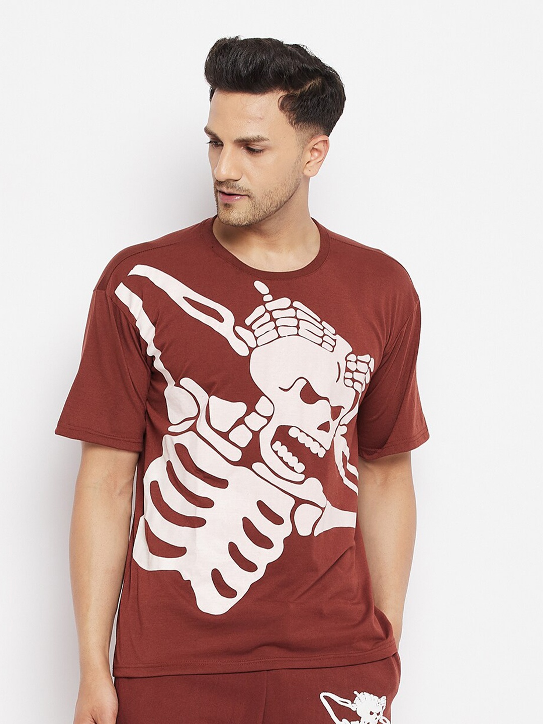 

FUGAZEE Men Brown Printed Cotton Oversized T-shirt