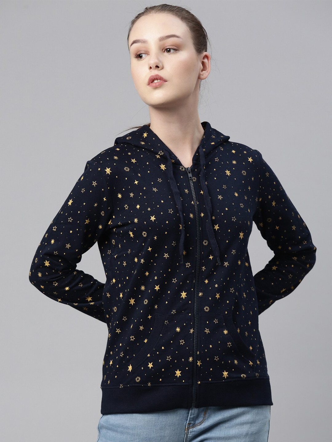 

LAYA Women Navy Blue Printed Hooded Sweatshirt