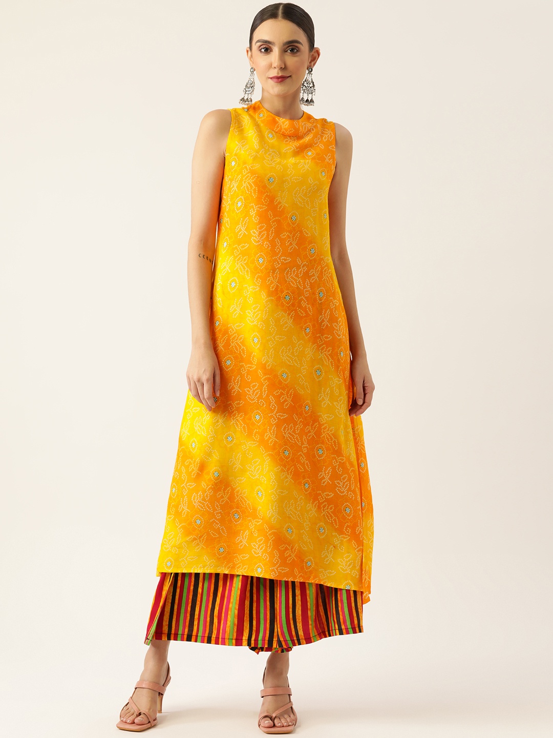 

InWeave Women Orange Bandhani Printed Kurta with Palazzos