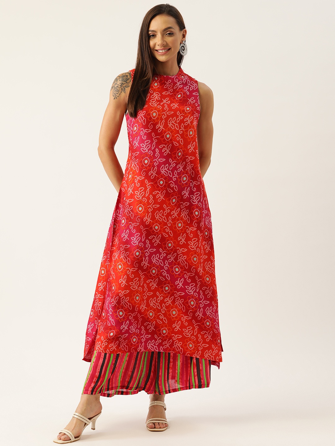 

InWeave Women Red Bandhani Printed Kurta with Palazzos