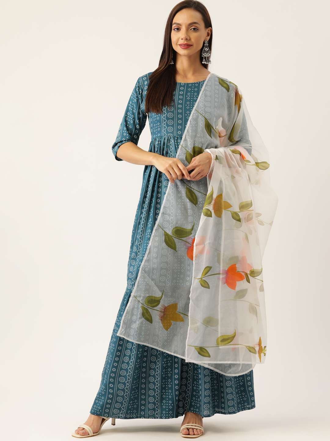 

InWeave Women Blue Bandhani Printed Kurta with Sharara & Dupatta