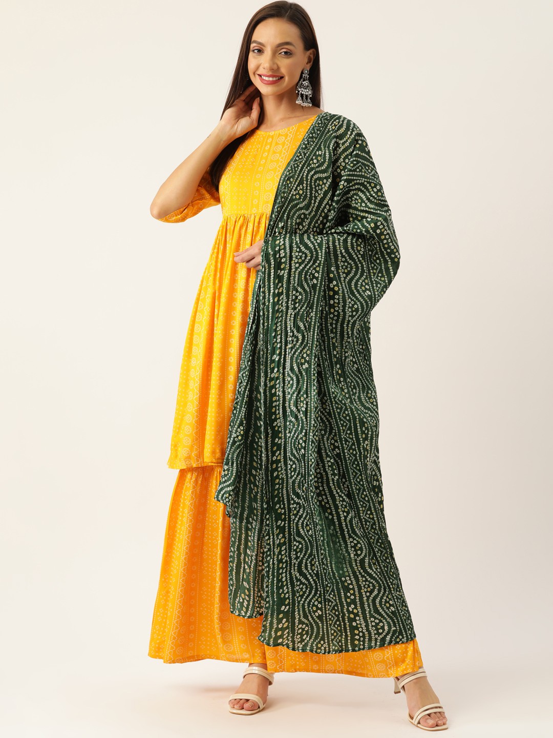

InWeave Women Yellow Bandhani Printed Kurta with Sharara & Dupatta