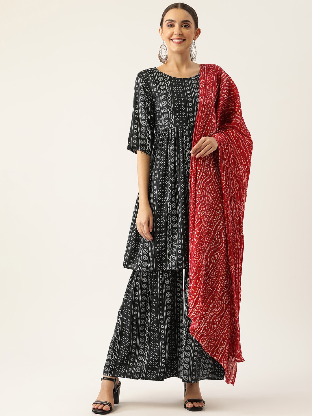 

InWeave Women Black Bandhani Printed Kurta with Sharara & Dupatta