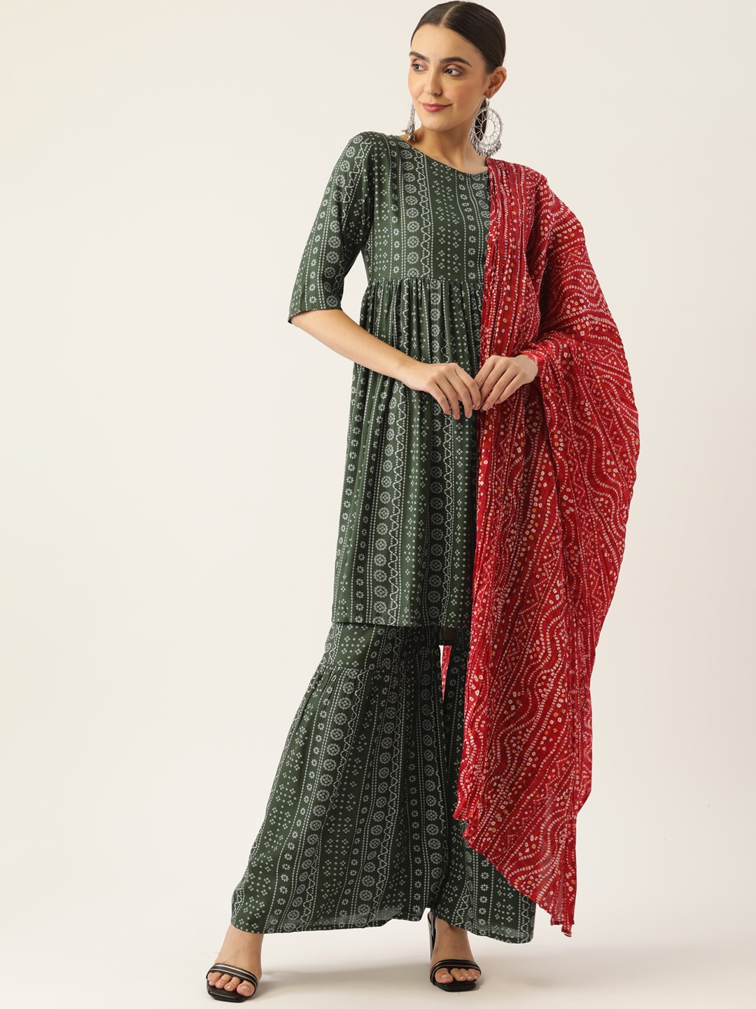 

InWeave Women Green Bandhani Printed Kurta with Sharara & Dupatta
