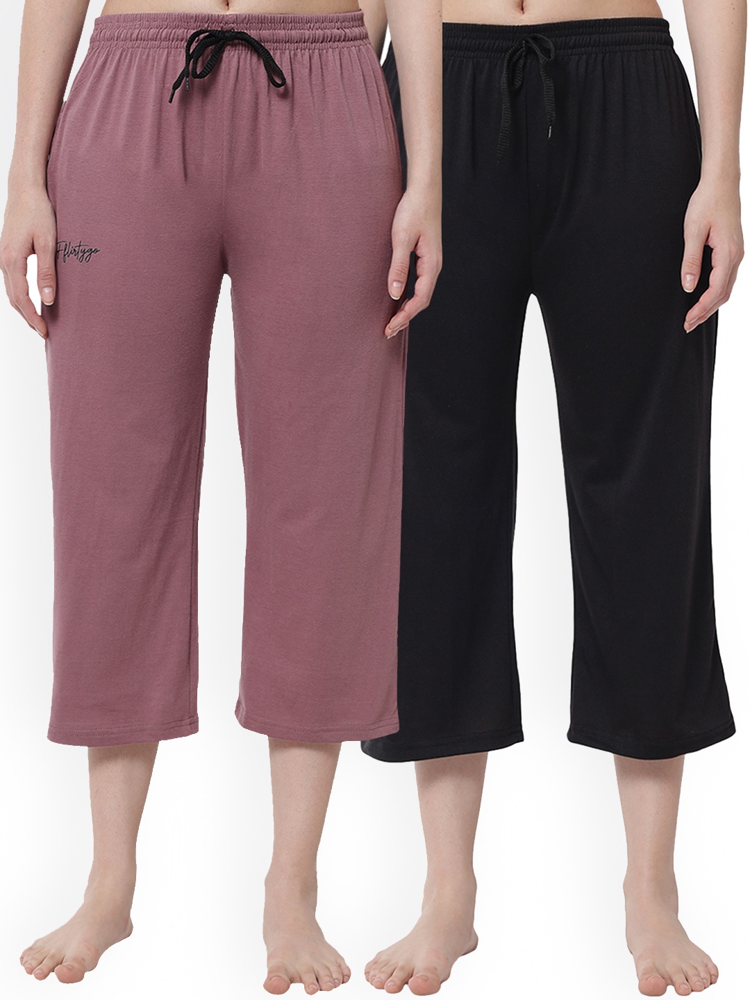 

FFLIRTYGO Women Pack Of 2 Black & Lavender Solid Capris