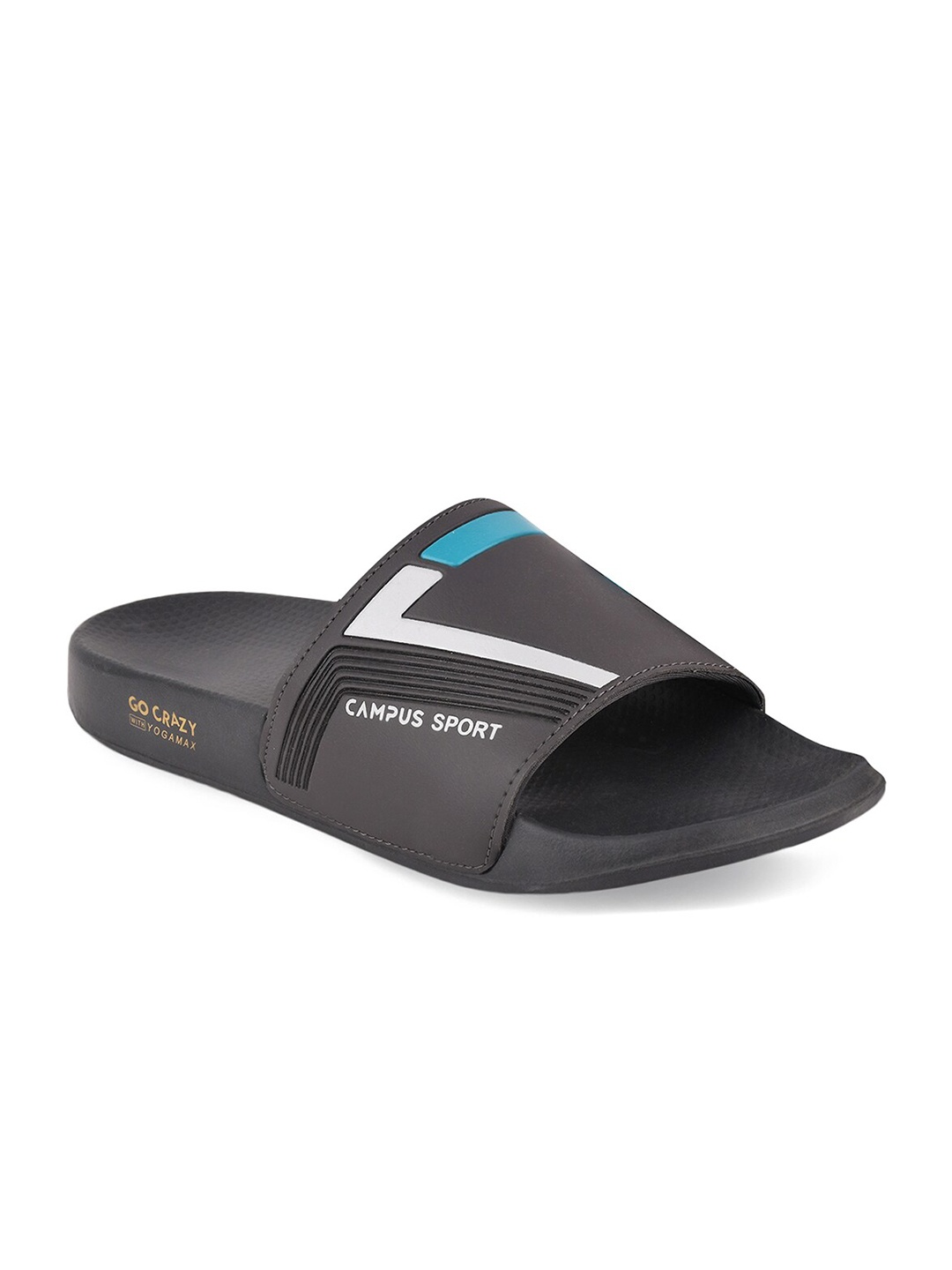 

Campus Men Grey Melange & Turquoise Blue Printed Rubber Sliders