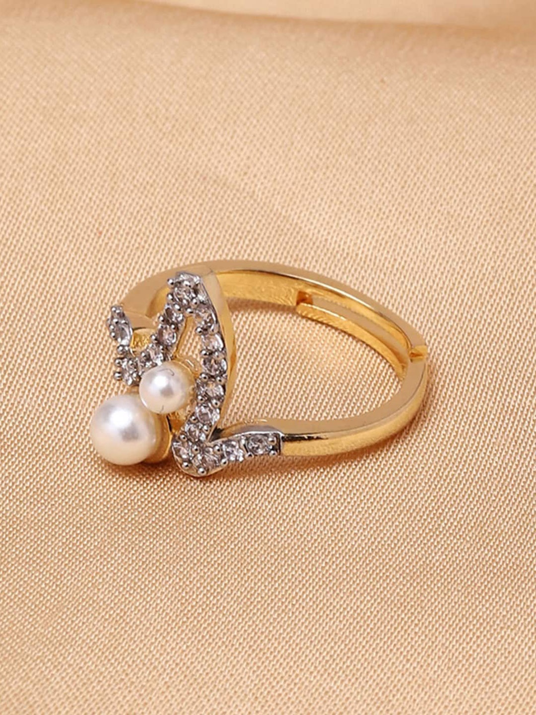 

Voylla Gold-Plated White Stone-Studded & Pearl Beaded Adjustable Finger Ring