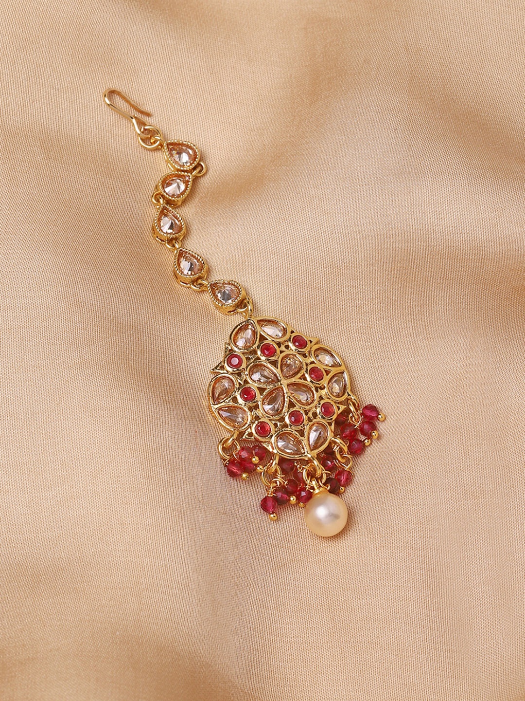 

Voylla Gold-Plated White & Pink Stone-Studded & Pearl Beaded Maang Tikka