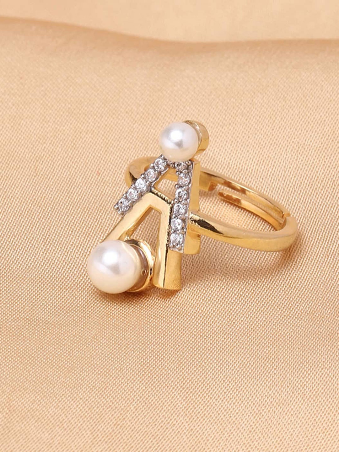 

Voylla Gold-Plated White Stone-Studded & Pearl Beaded Adjustable Finger Ring