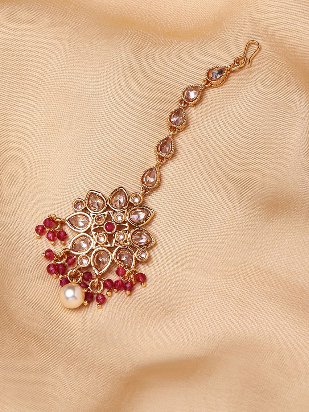 

Voylla Gold-Plated White & Pink Stone-Studded & Pearl Beaded Maang Tikka