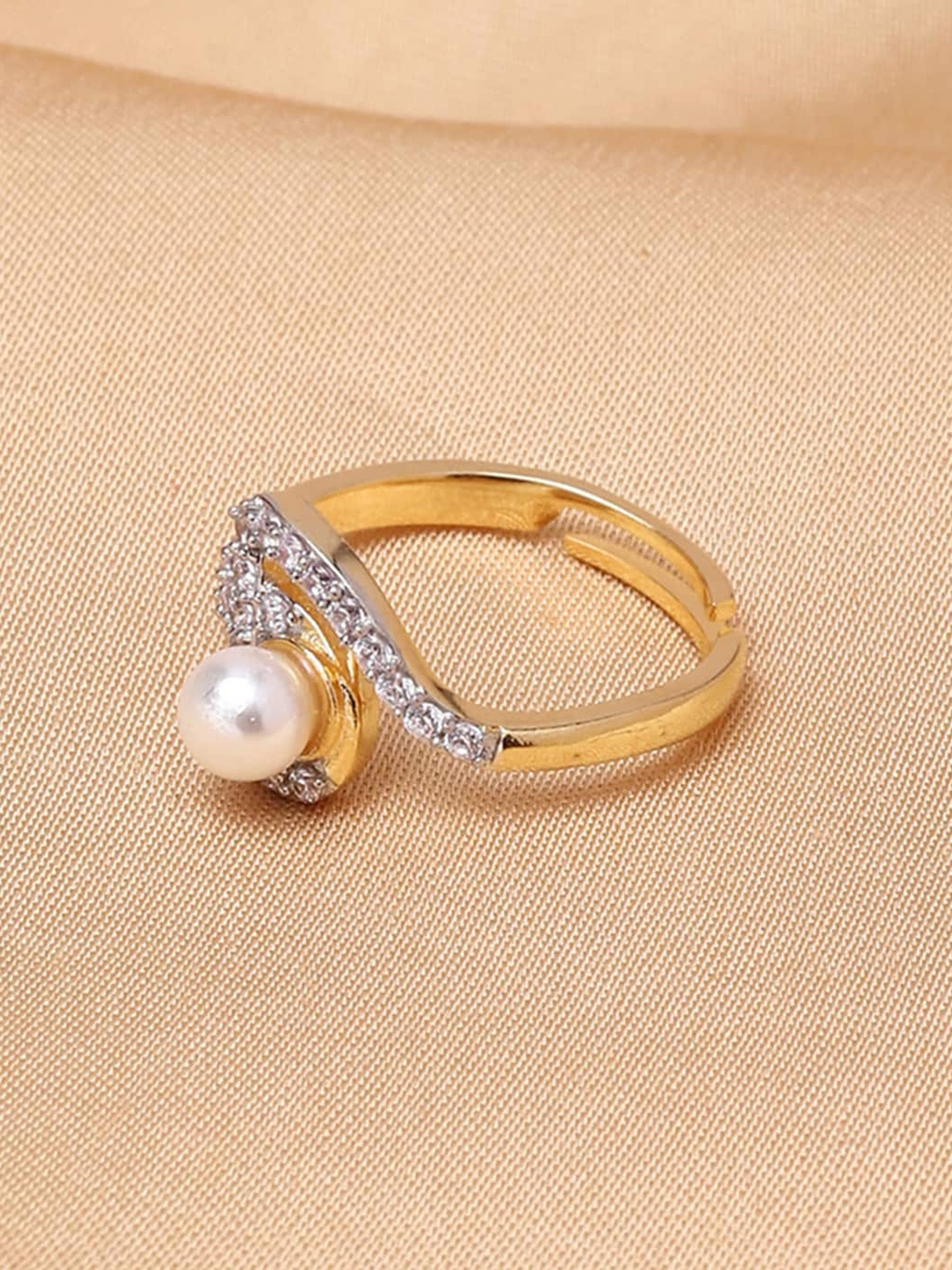 

Voylla Gold-Plated White Stone-Studded & Pearl Beaded Adjustable Finger Ring