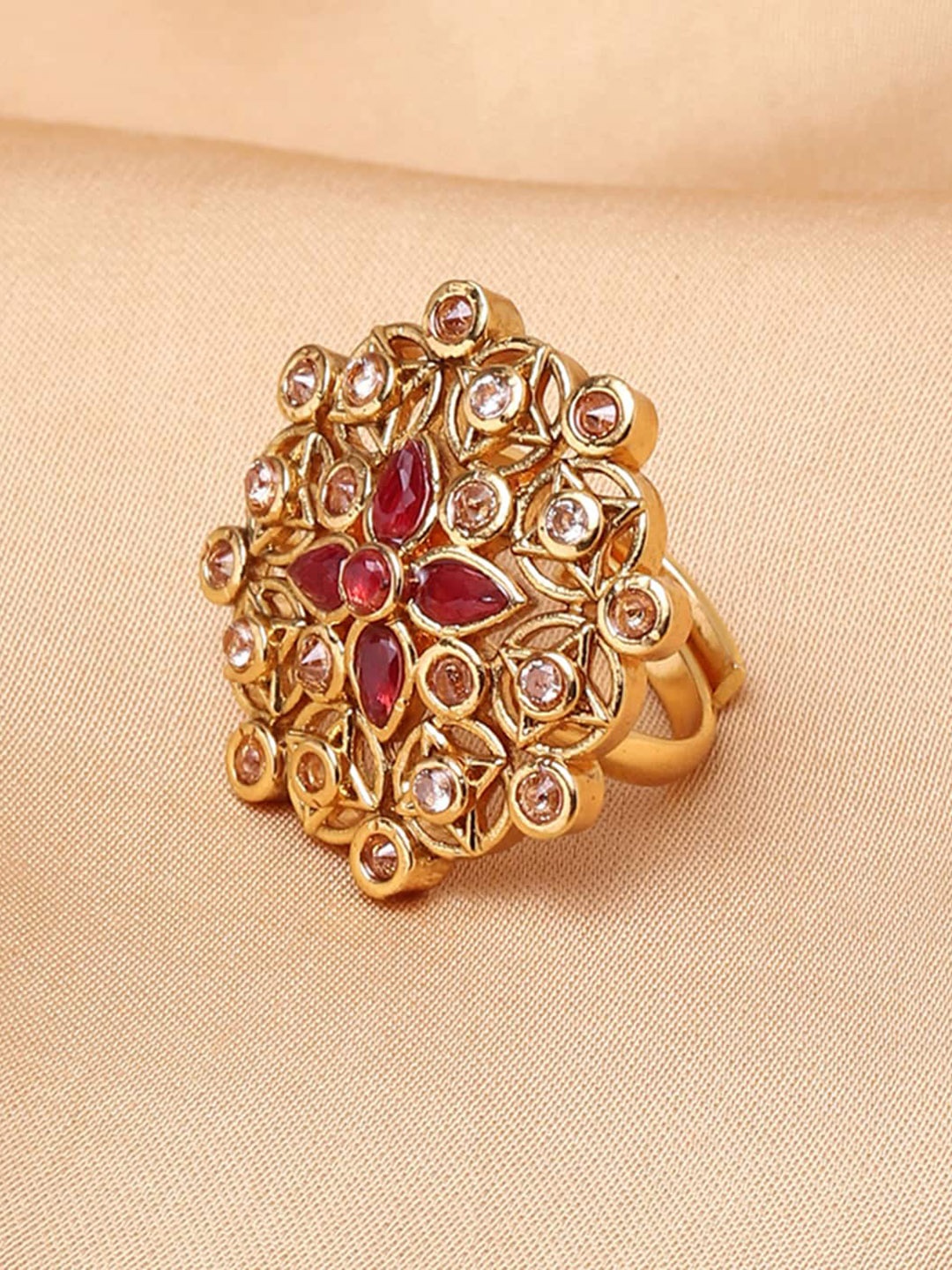 

Voylla Gold-Plated White & Pink Stone-Studded Adjustable Finger Ring