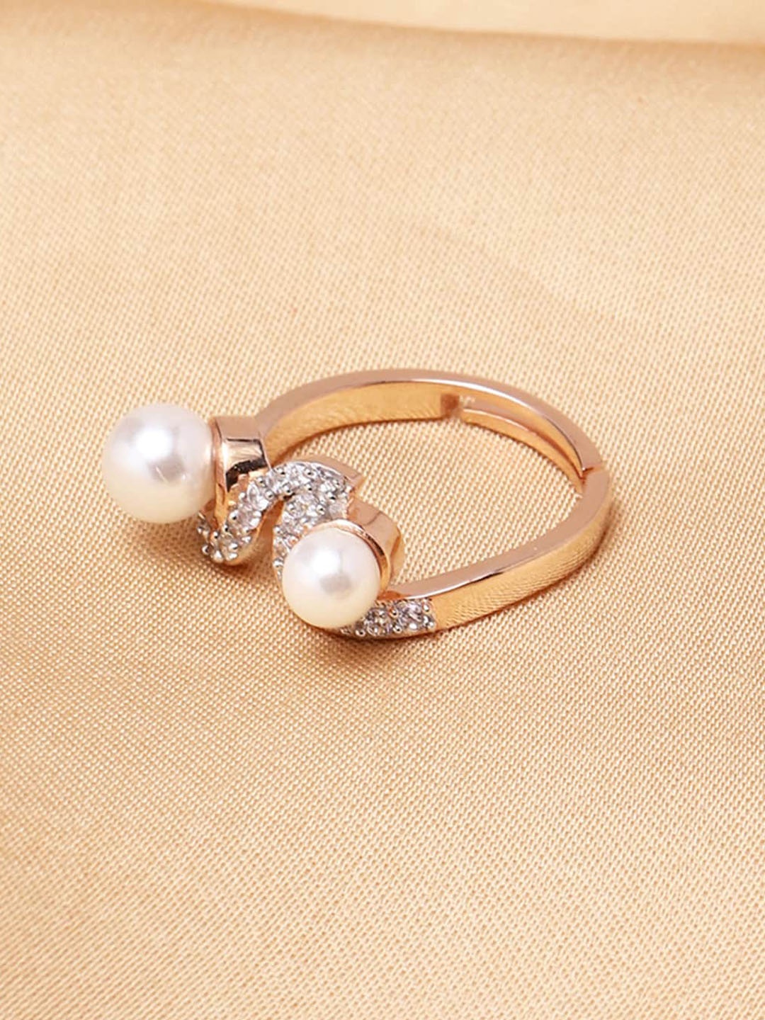 

Voylla Rose Gold-Plated White Stone-Studded & Pearl Beaded Adjustable Finger Ring