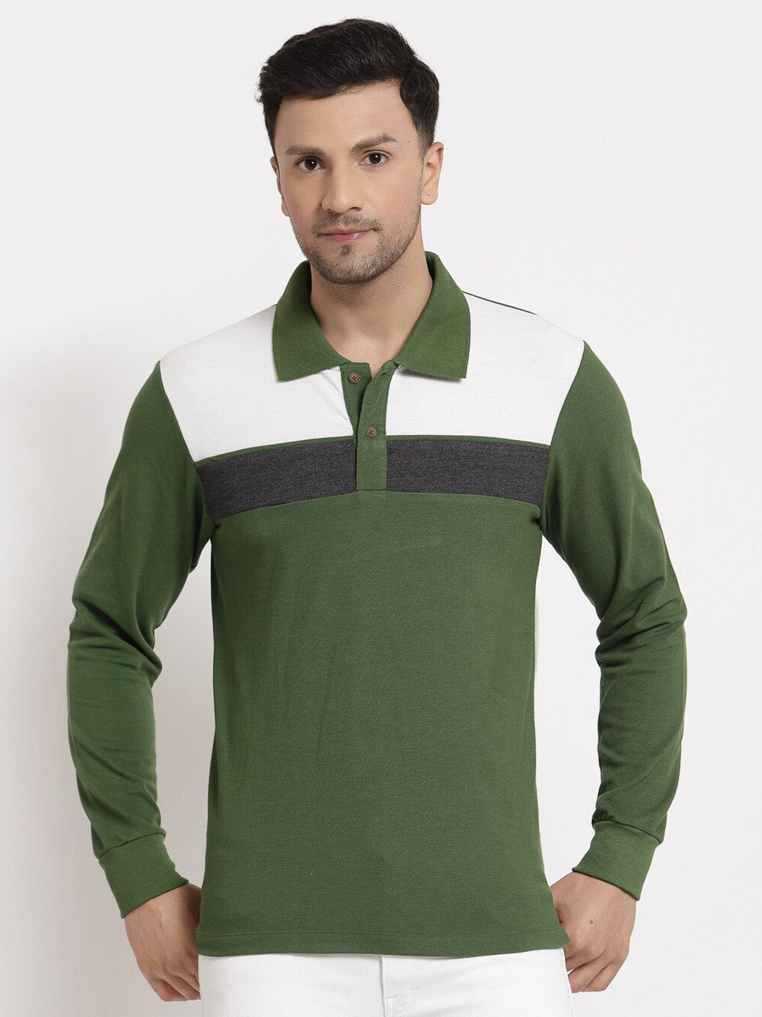 

Kalt Men Green Colourblocked Full Sleeves Cotton Blend Polo Collar T-shirt