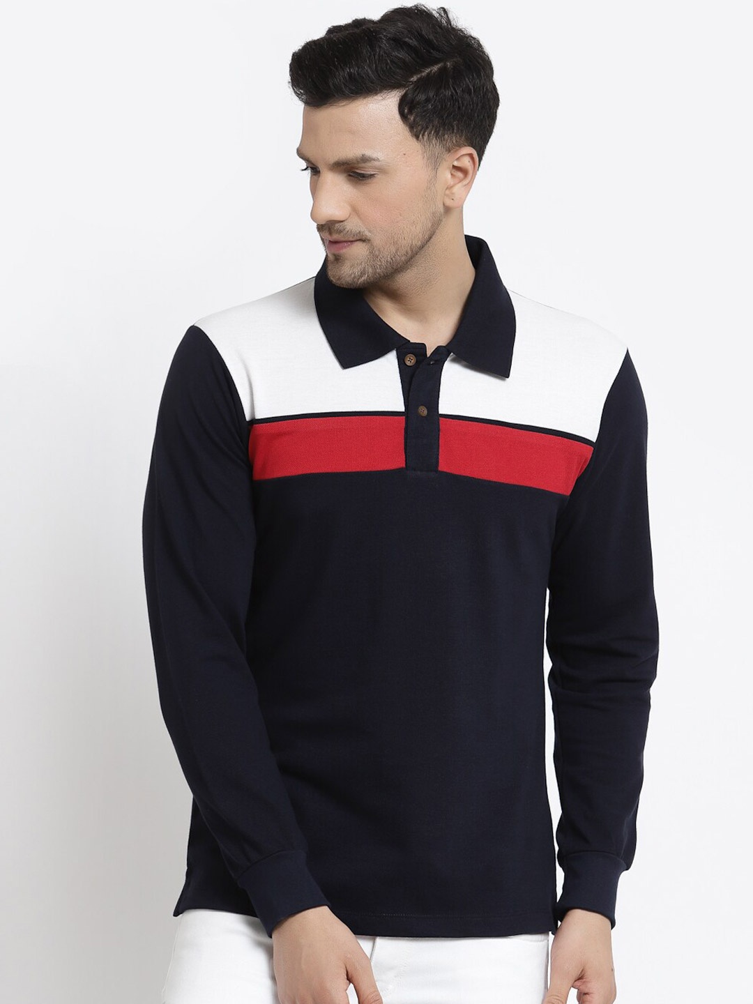 

Kalt Men Navy Blue Colourblocked Polo Collar T-shirt