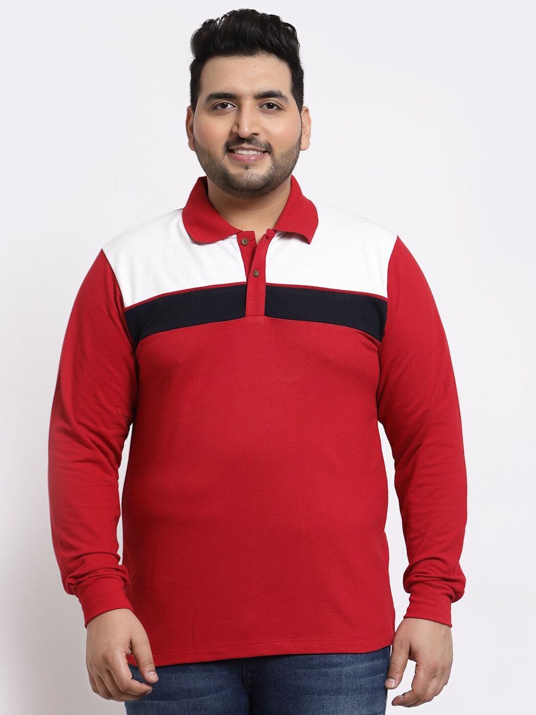 

Kalt Men Plus Size Red Colourblocked Polo Collar T-shirt