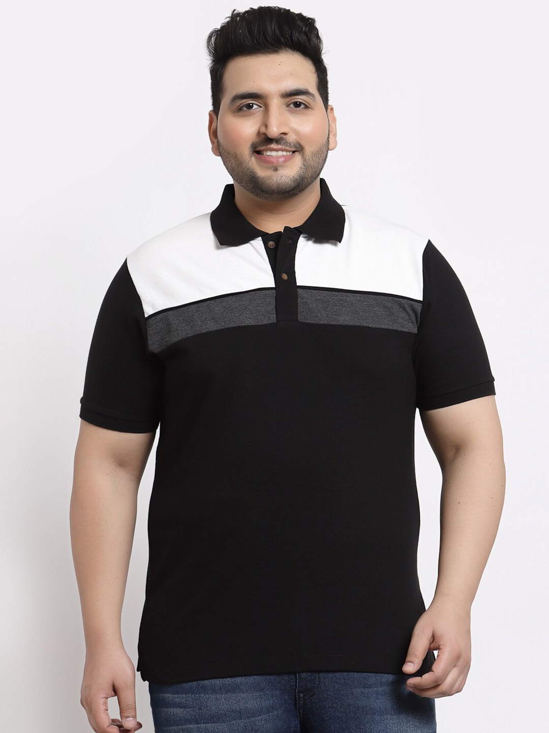 

Kalt Men Black & White Colourblocked Polo Collar T-shirt