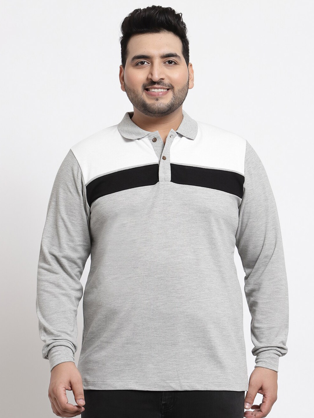 

Kalt Men Grey Melange Polo Collar Applique T-shirt