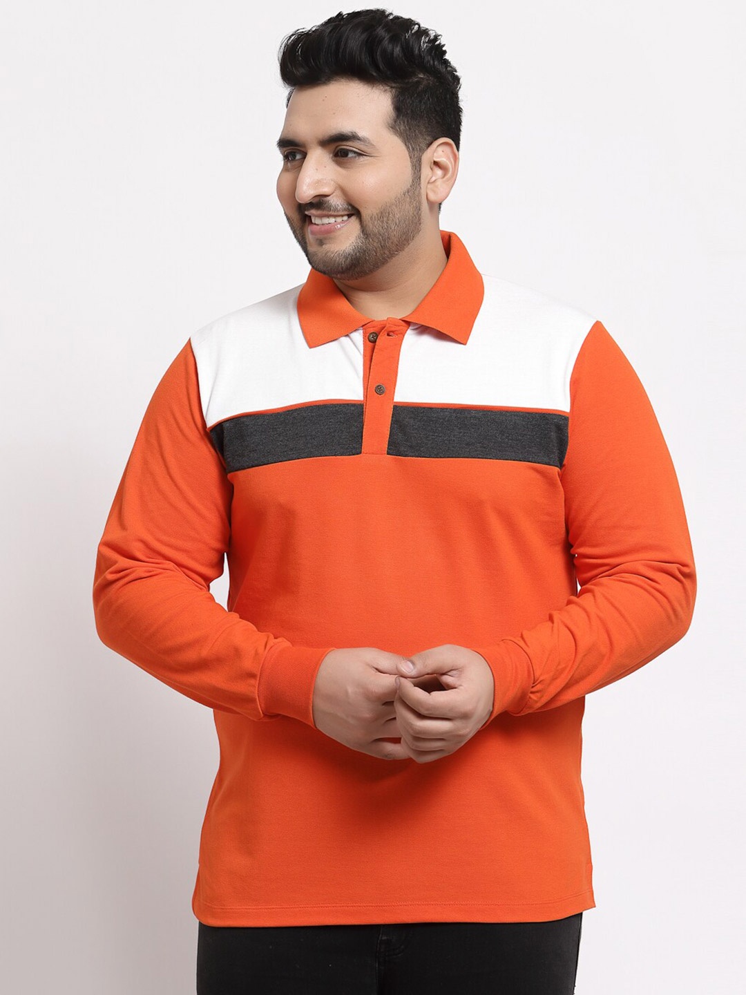 

Kalt Men Orange and White Colourblocked Full Sleeves Cotton Blend Polo Collar T-shirt